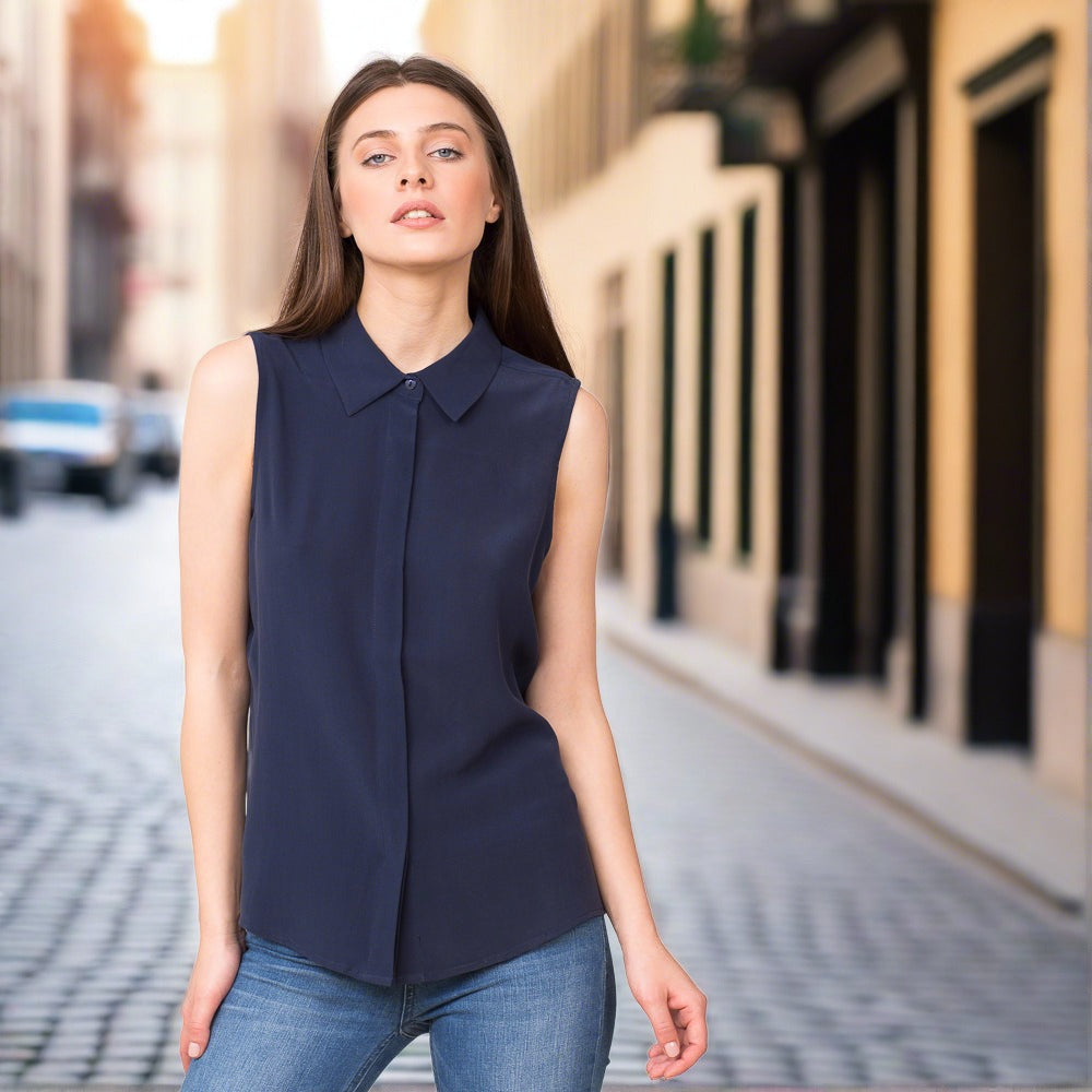 pure silk sleeveless collar shirt navy