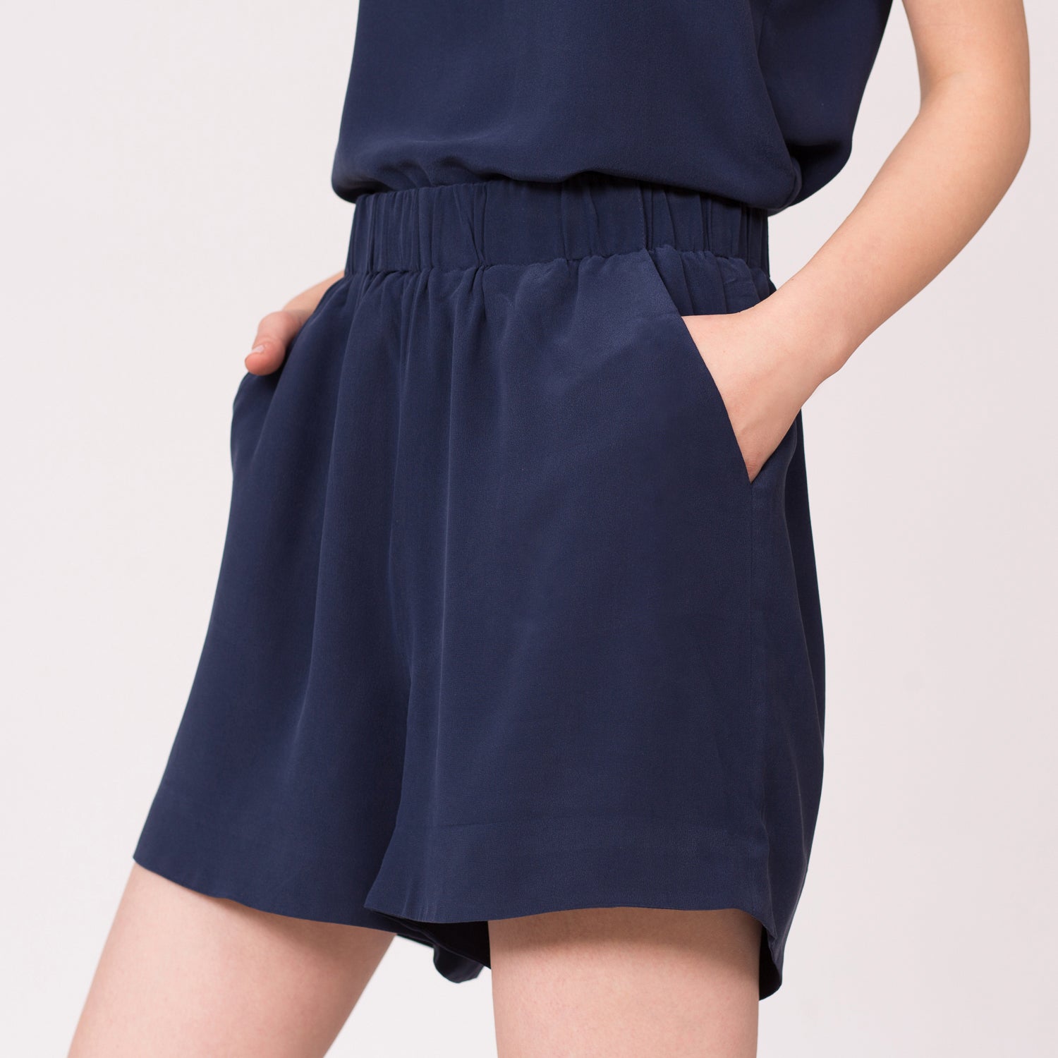 silk shorts navy high waist viscose lining