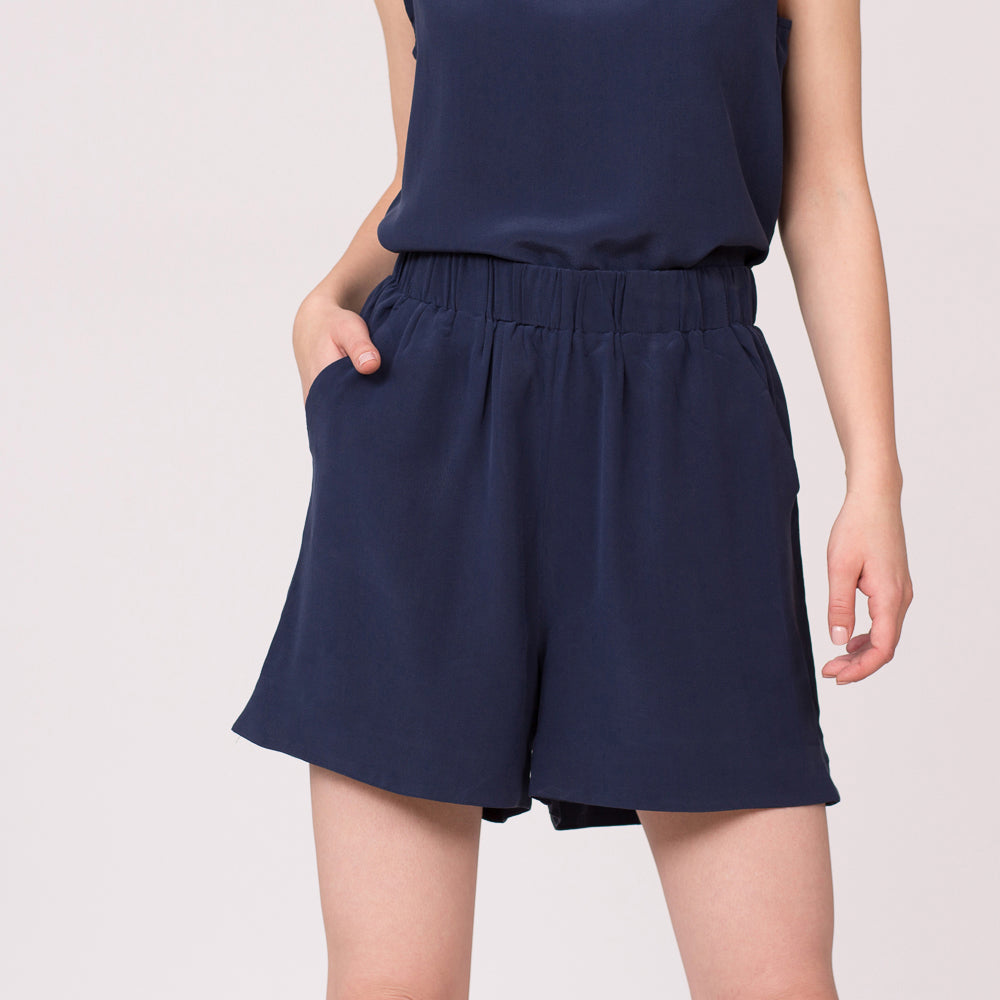 silk shorts navy high waist viscose lining