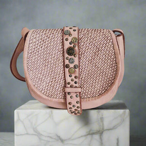 CLEARANCE One Left - Pink Studded Leather Small Crossbody - Washed Italian Leather