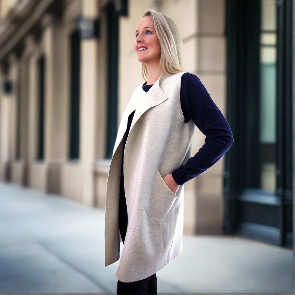 long sleeveless cardigan jacket cream boiled merino wool 