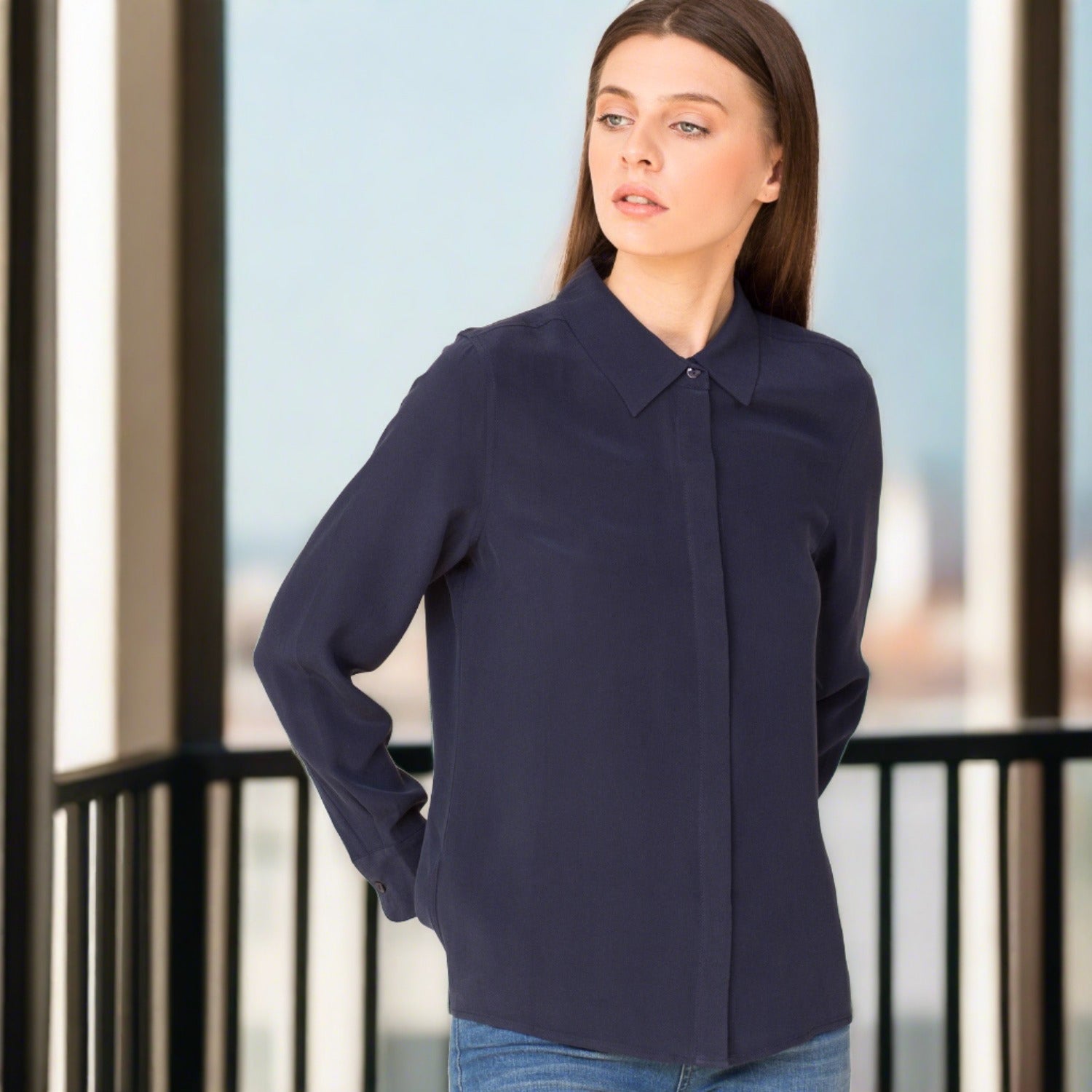 classic shirt pure silk long sleeve navy